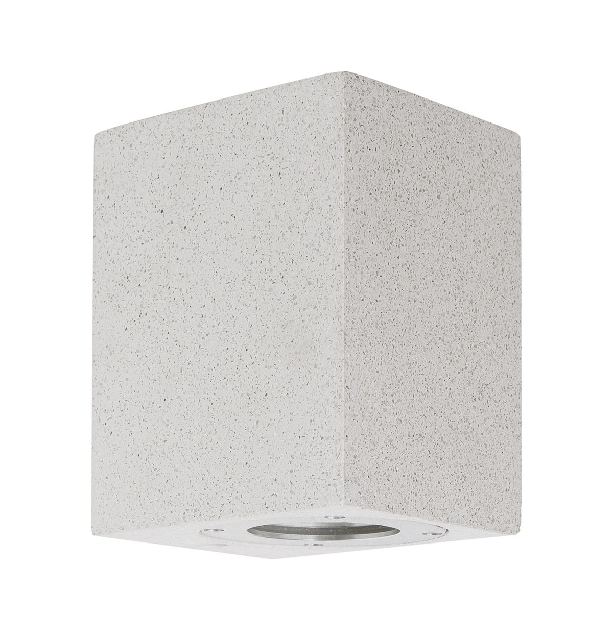 Vue de trois quarts du luminaire blanc granité, éclairage éteint sur fond neutre