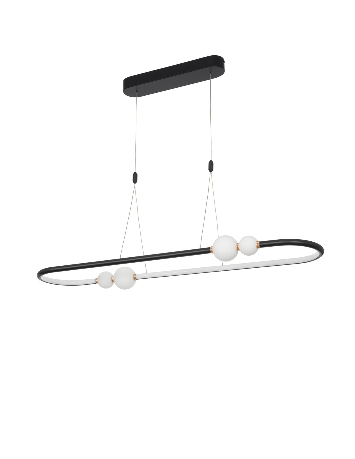 Vue de face du luminaire suspendu ovale noir avec ses quatre globes en verre
