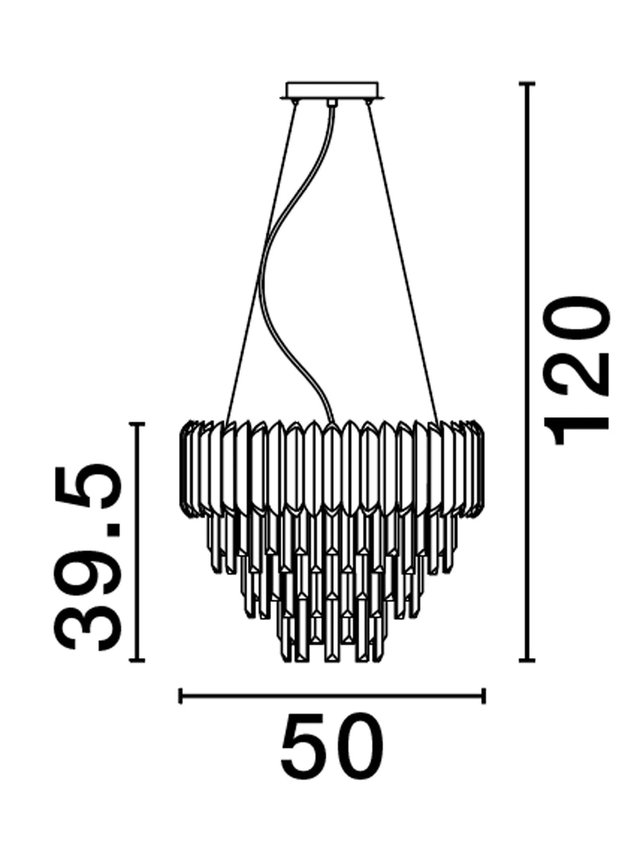 Schéma coté du luminaire : hauteur totale 120 cm, diamètre 50 cm et hauteur 39,5 cm.