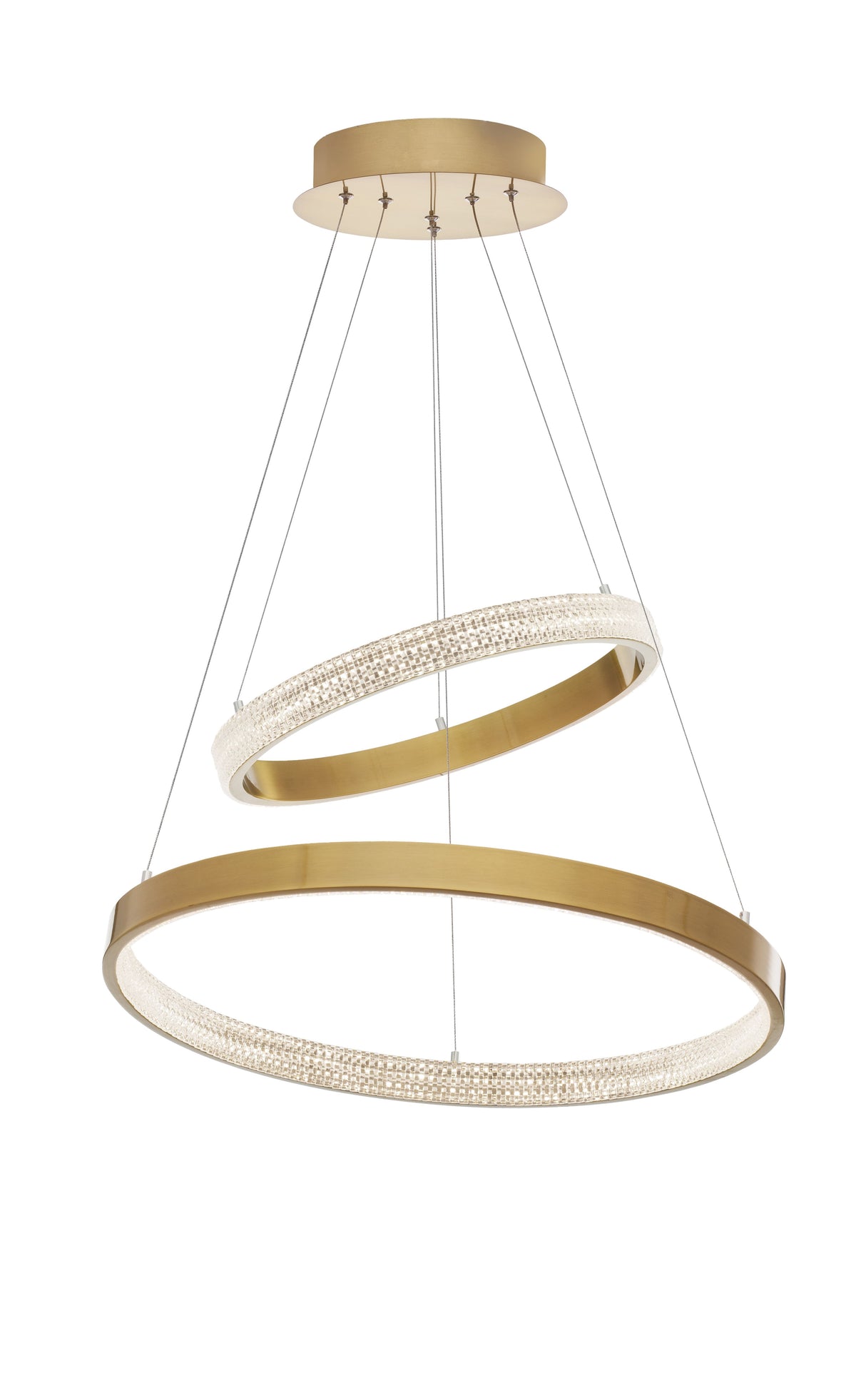 Vue de face du luminaire suspendu avec ses deux cercles dorés et son câblage.