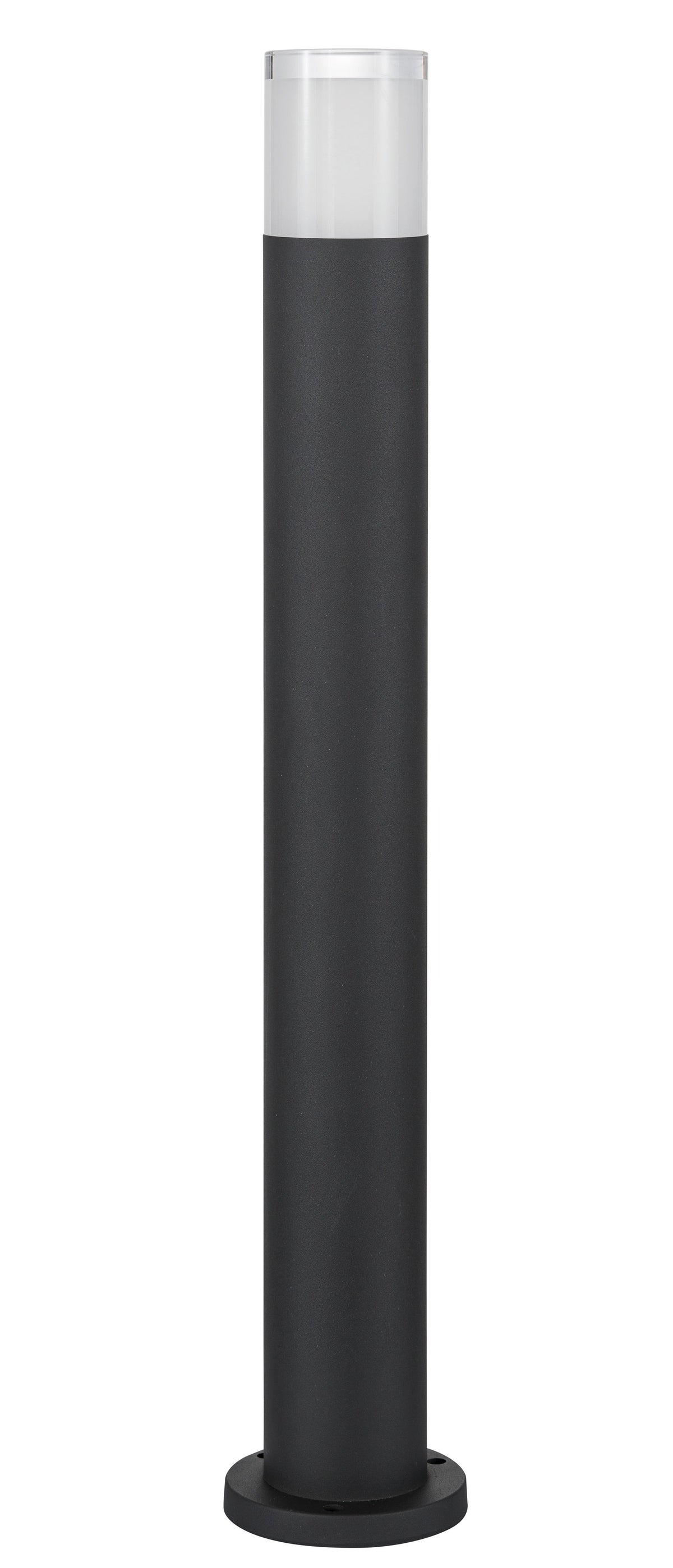 Borne cylindrique noire de face sur fond blanc, avec diffuseur transparent.