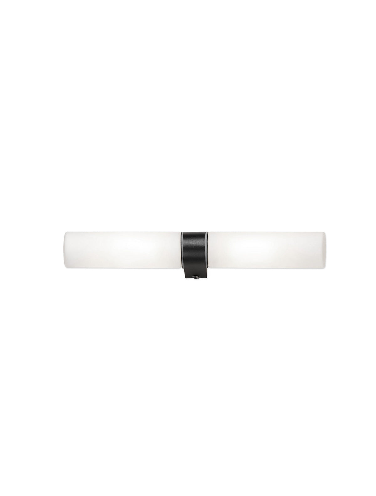 Vue de face sur fond blanc, deux tubes de verre opalin et fixation centrale noire