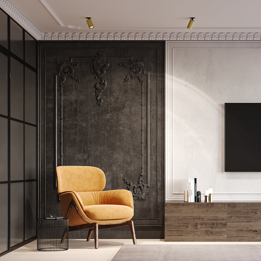 Mise en ambiance avec deux spots noirs orientables au plafond d'un salon.