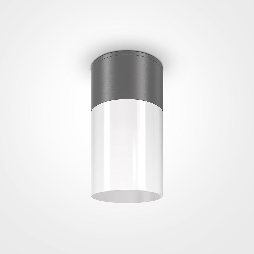 Version plafonnier cylindrique, diffuseur blanc sous embase grise fixée au plafond