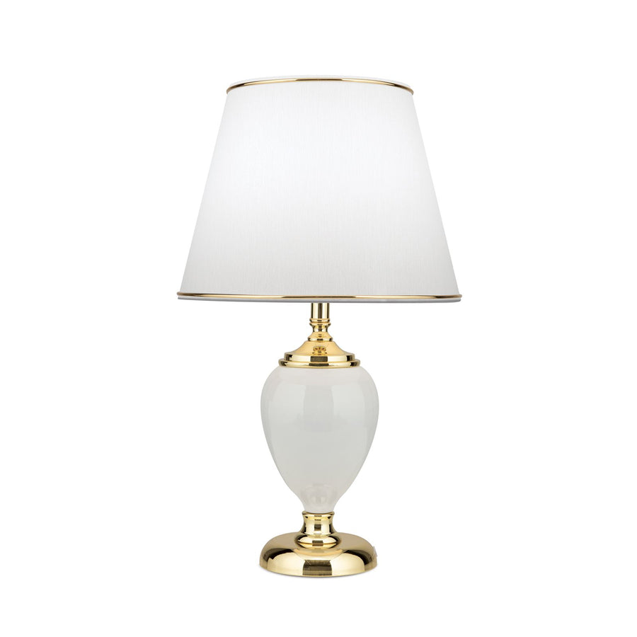Variante dorée de la lampe à poser, face, avec abat-jour blanc.