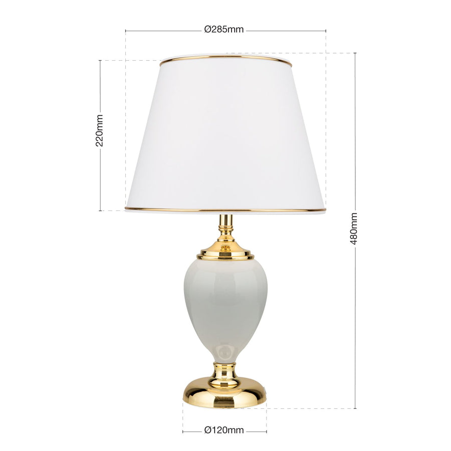 Schéma technique coté, dimensions de la lampe avec abat-jour et base.