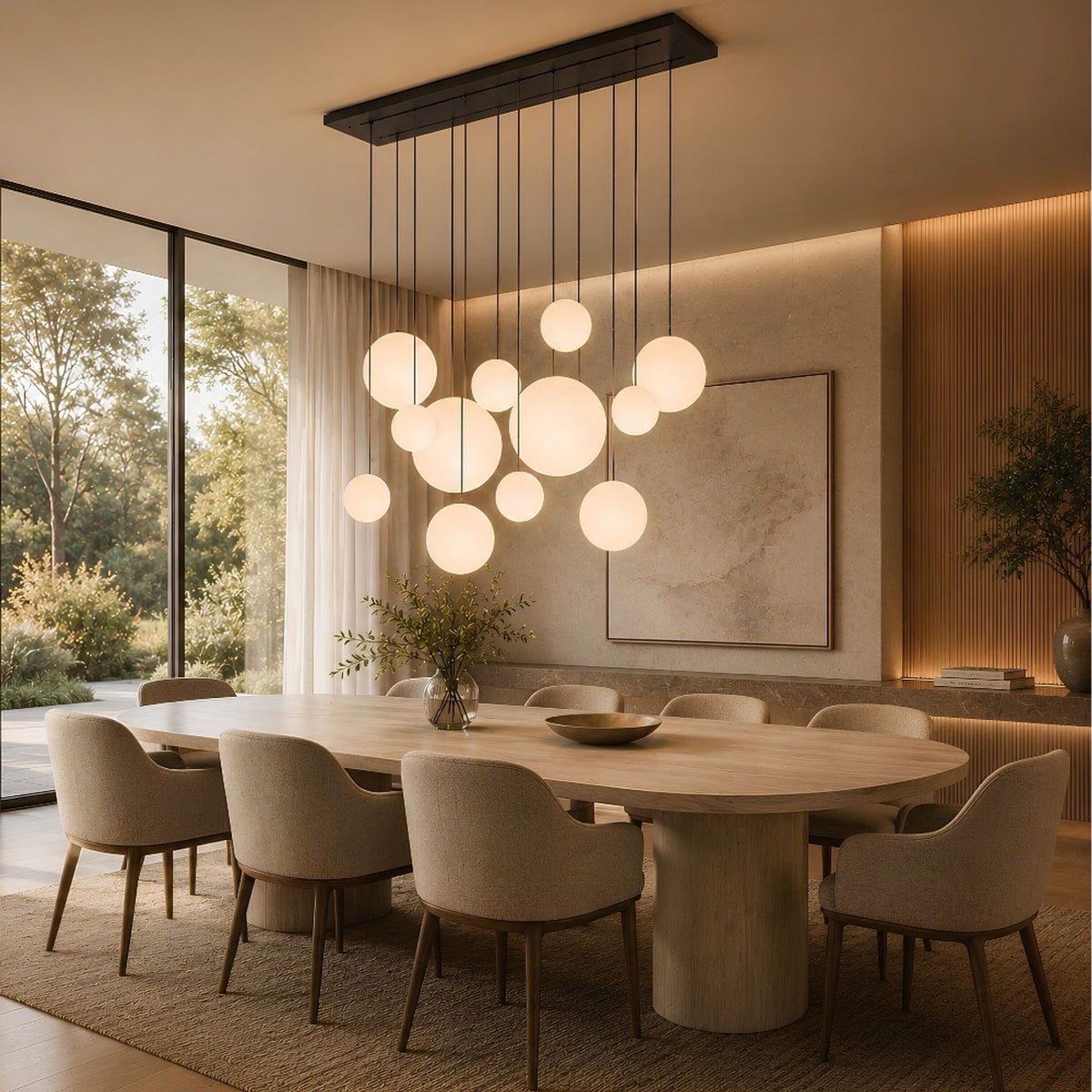 Mise en ambiance diurne, globes blancs suspendus au-dessus d'une grande table ovale.
