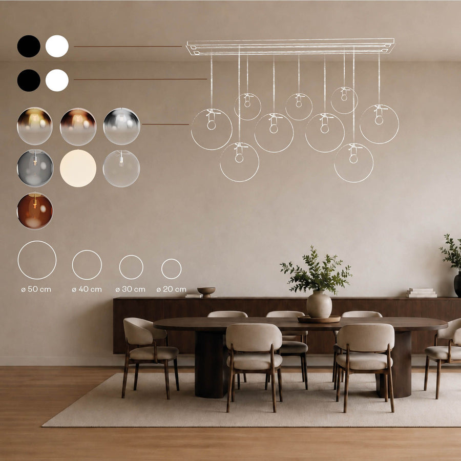 Suspension de table Orb 8 lumières sur 2 rangées, longueur 160 cm