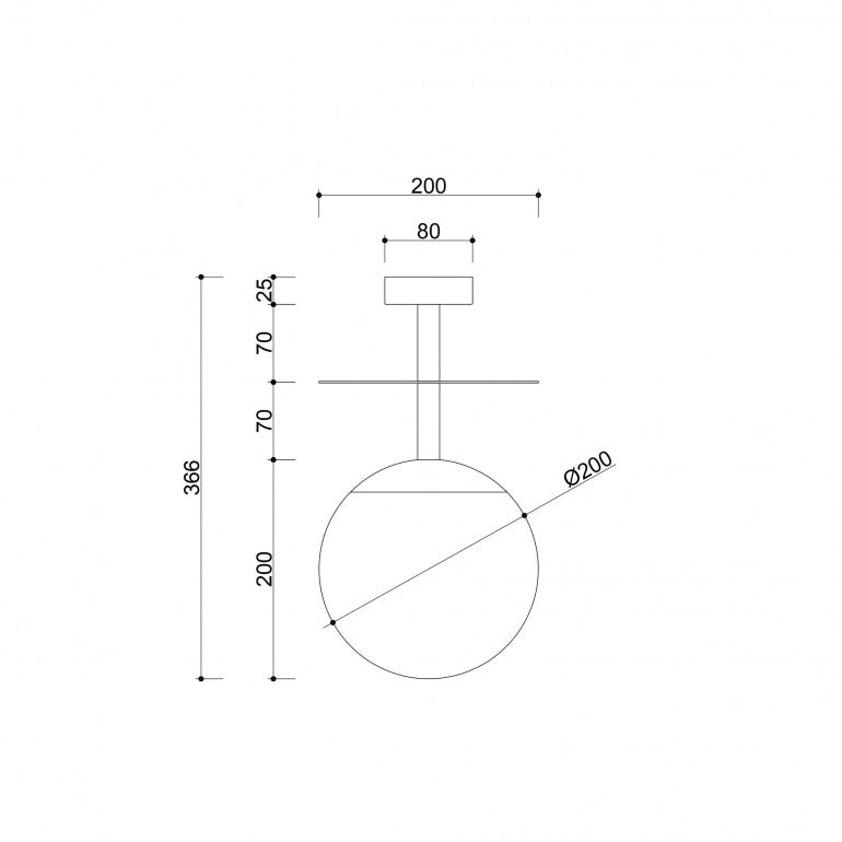 Schéma technique coté du luminaire avec diamètre du globe et hauteur totale indiquées