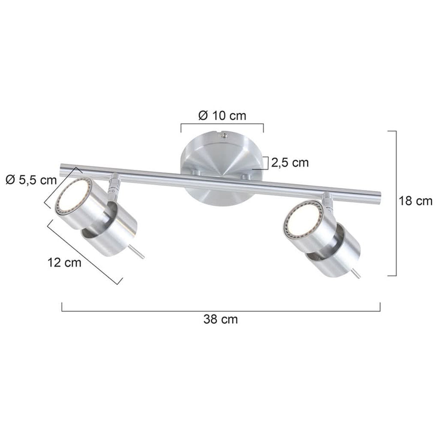 Schéma coté du plafonnier avec dimensions en centimètres : largeur 38 cm et hauteur 18 cm.