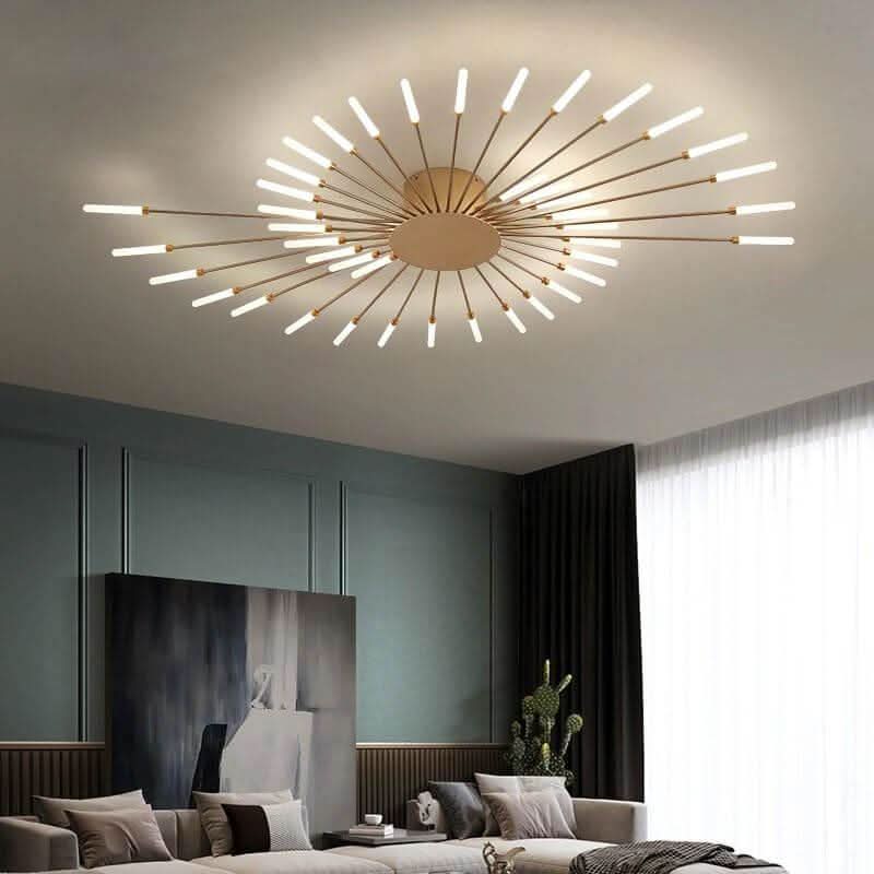 Plafonnier doré installé au plafond dans un salon contemporain, toutes lumières allumées.