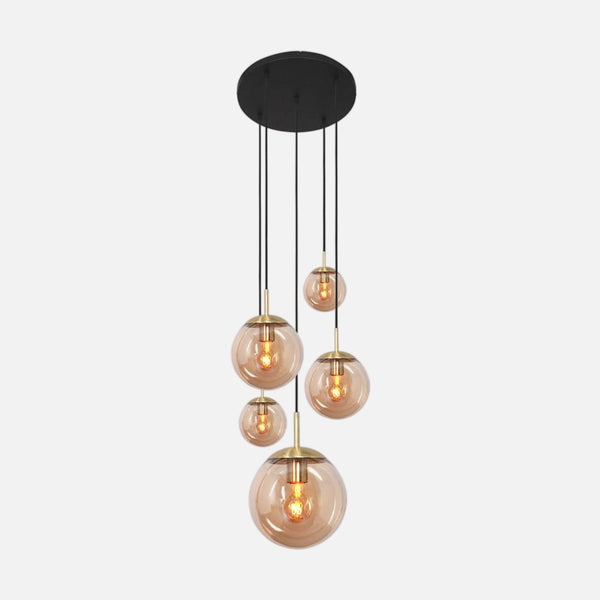 Brass and amber glass ceiling light, 5 globes, dining room | Bollique