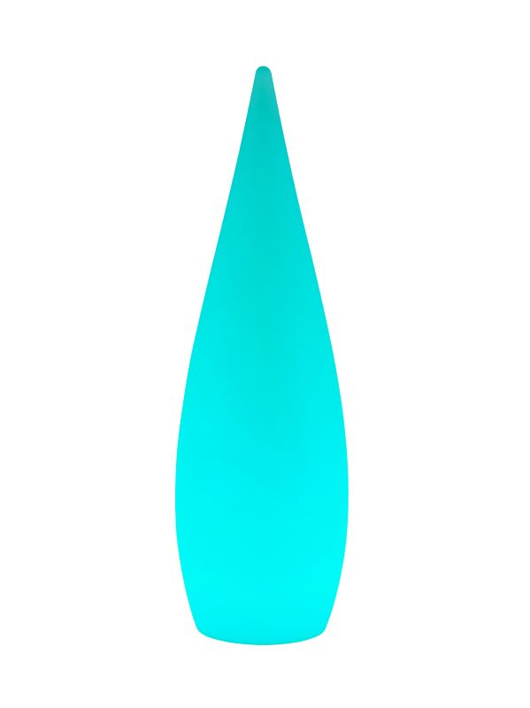 Déclinaison turquoise du luminaire extérieur, même silhouette en goutte élancée