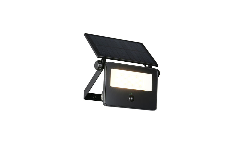 Présentation du projecteur solaire noir avec support orientable et zone lumineuse allumée.