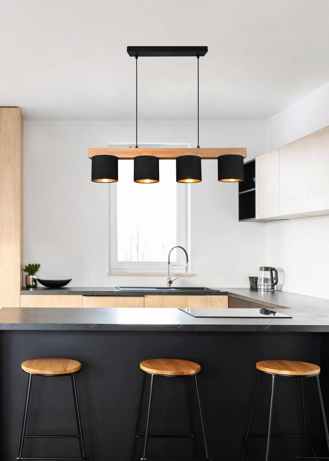 Suspension Cameron 4 lumières bois et noire