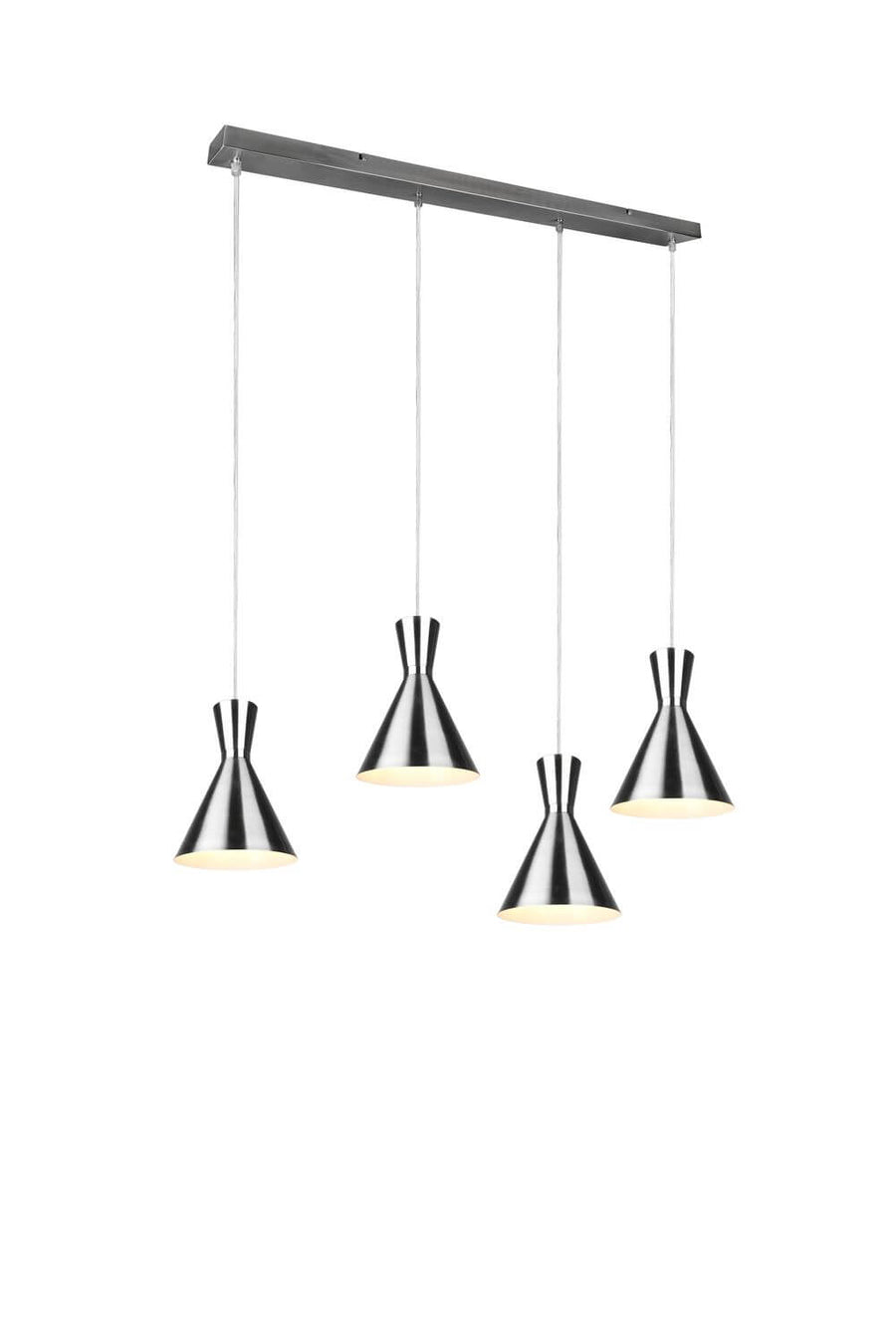 Photo sur fond blanc du luminaire complet avec barre rectangulaire et quatre cônes.