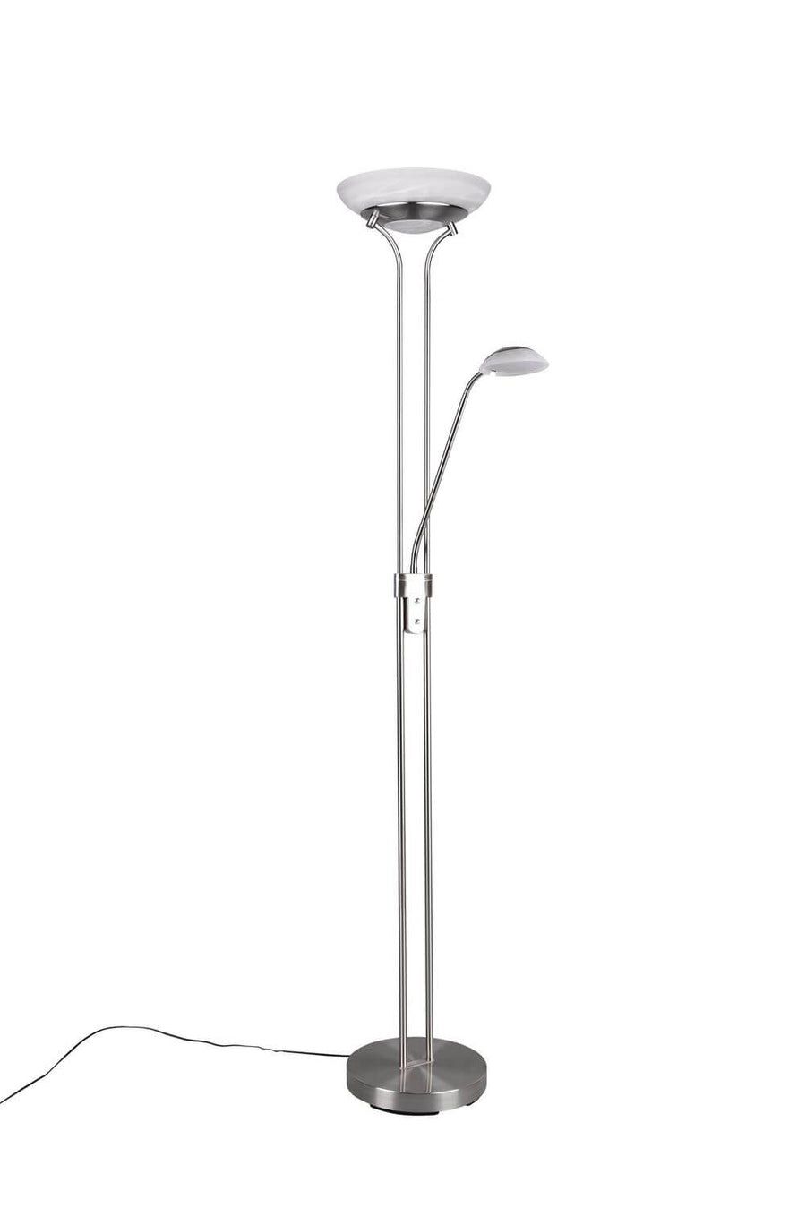 Lampadaire en nickel brossé avec deux tiges verticales et diffuseur supérieur.
