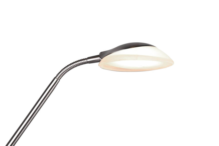 Détail de la tête de lecture orientable, col flexible et diffuseur ovale blanc.