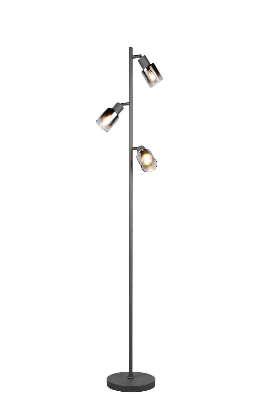 Autre angle du lampadaire présentant la base ronde et les trois spots orientables