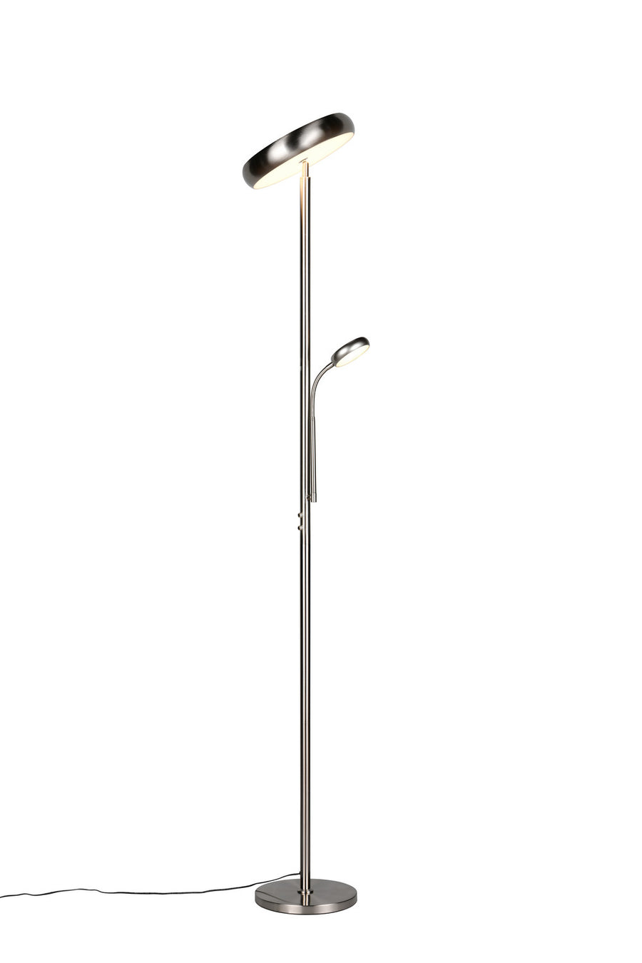 Lampadaire design présenté de trois quarts, tête lumineuse ronde et tige fine