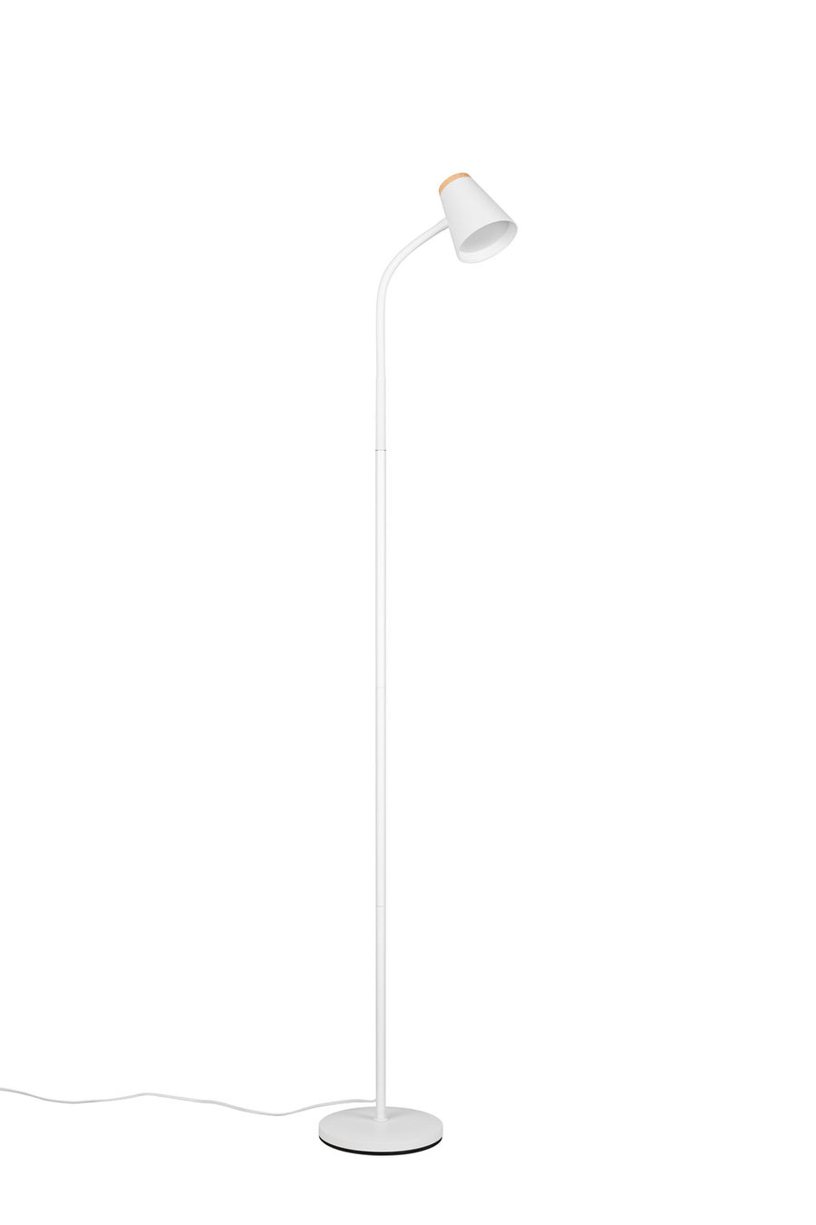 Lampadaire blanc photographié de trois quarts, abat-jour conique et base circulaire blanche.
