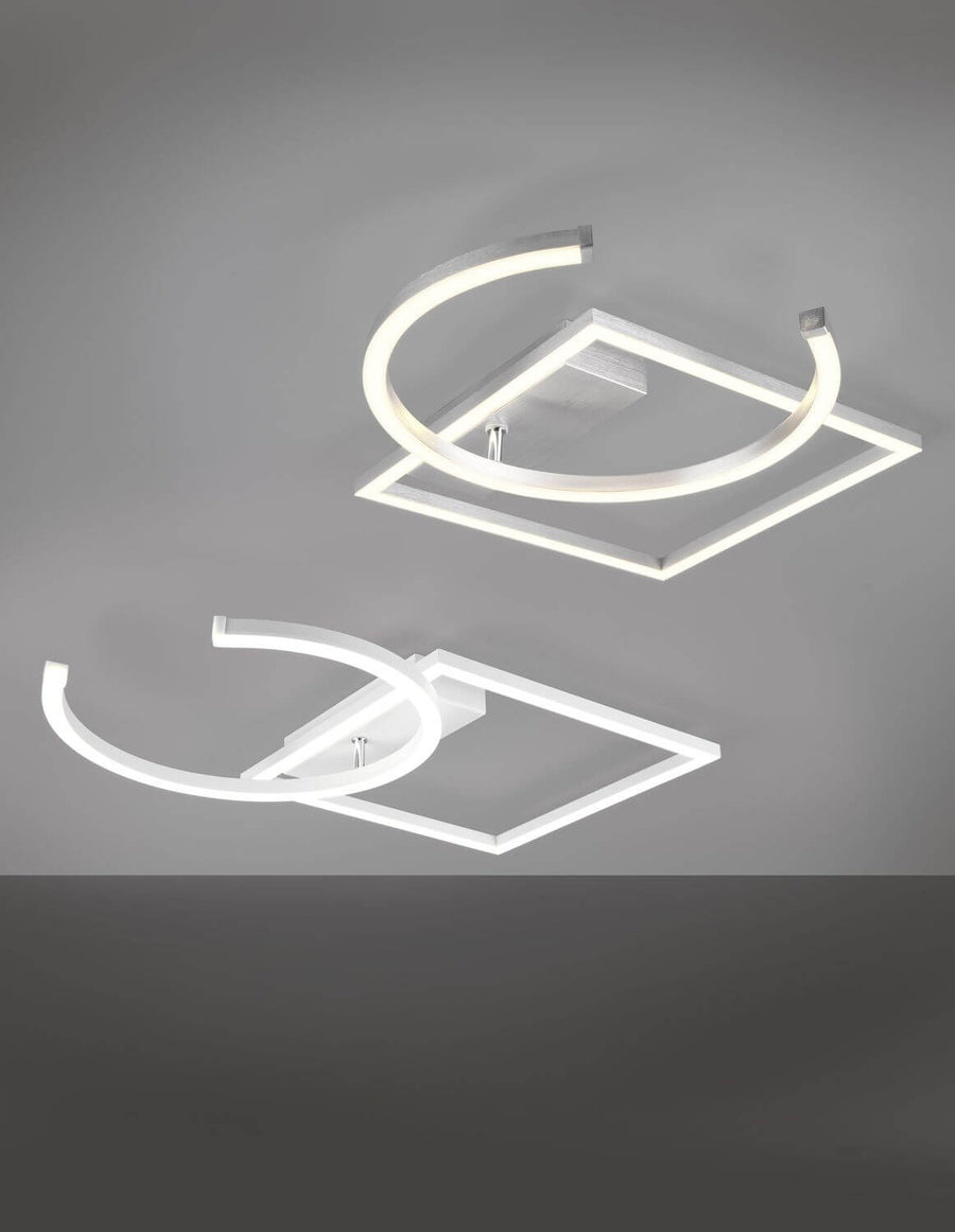 Sur fond gris, deux vues du plafonnier blanc mat avec arcs lumineux pivotants.