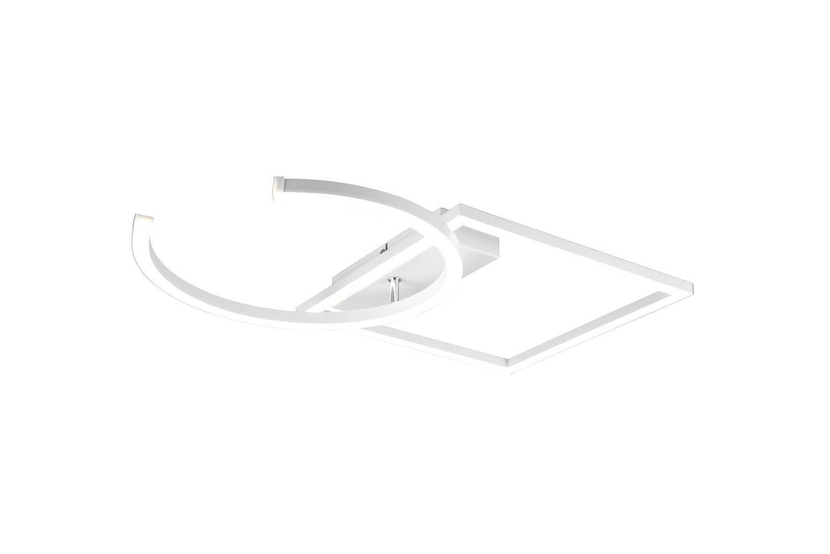 Détail de la finition blanc mat et de l'arc LED, avec cadre carré et fixation chromée.