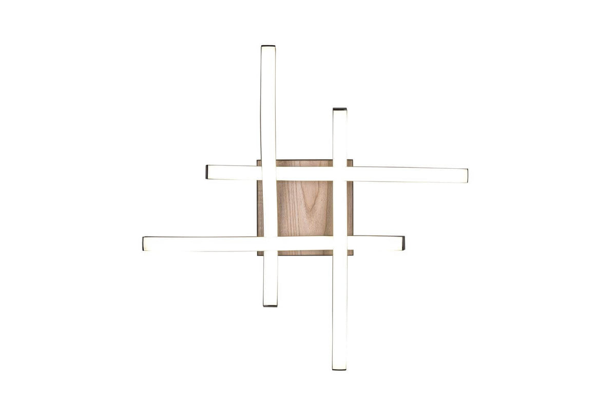 Vue de dessus montrant les diffuseurs blancs et la base centrale carrée en bois.