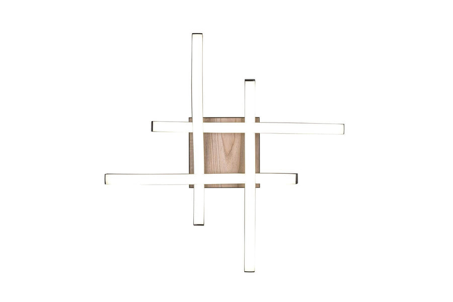 Vue de dessus montrant les diffuseurs blancs et la base centrale carrée en bois.