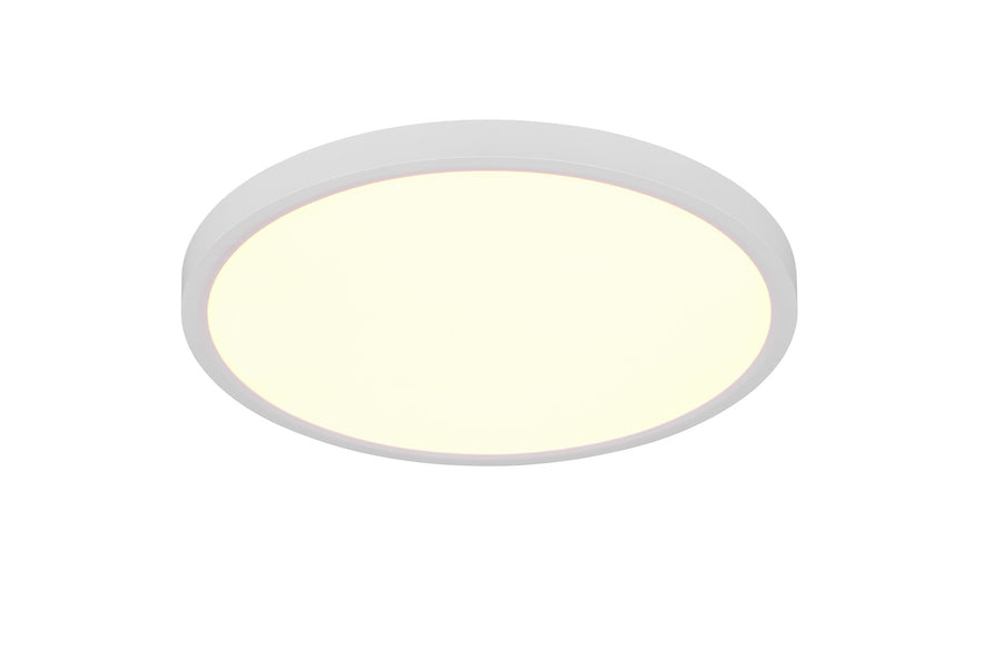 Vue légèrement plongeante du luminaire blanc mat diffusant une lumière chaude