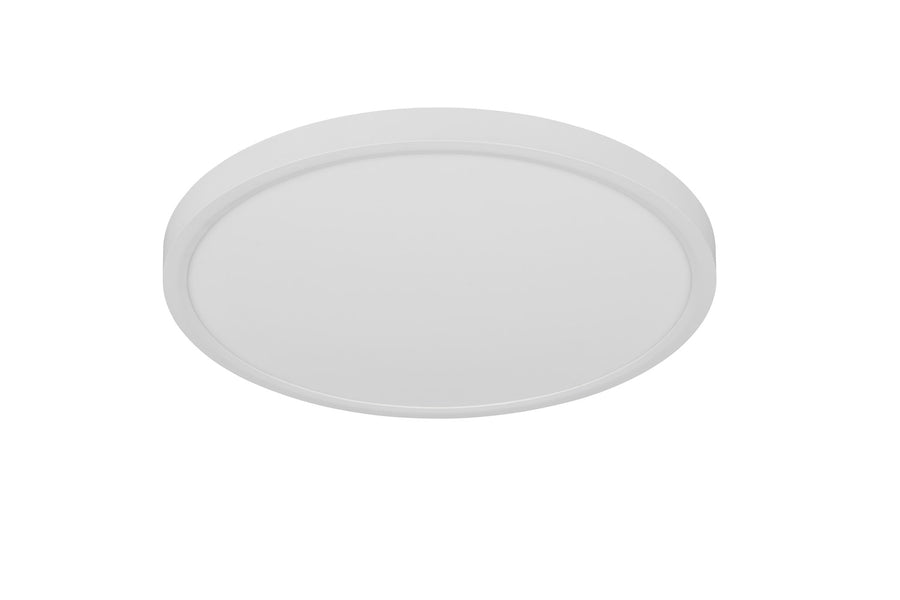Plafonnier éteint vu de biais, diffuseur opale blanc et cerclage blanc mat