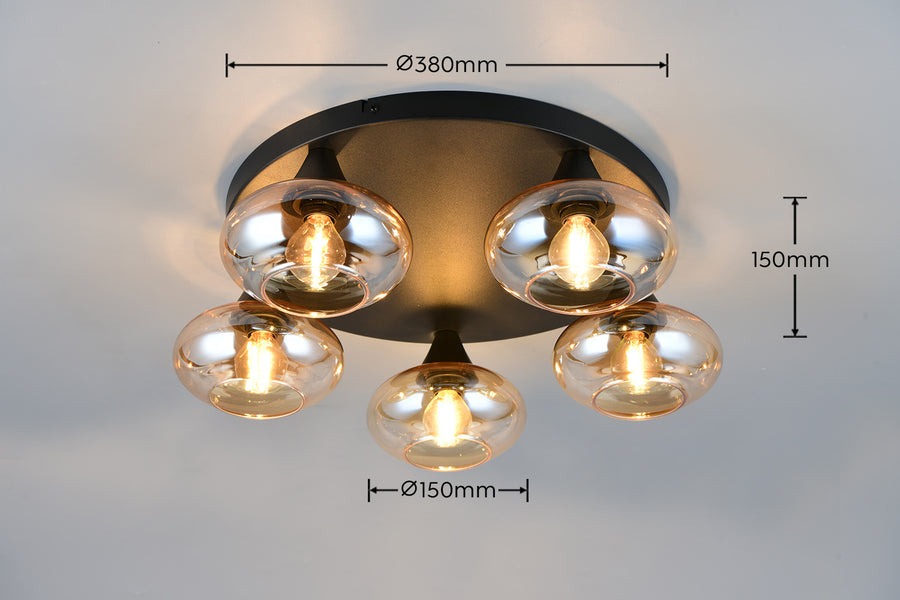 Plafonnier Divina 5 lumières ambré, verre