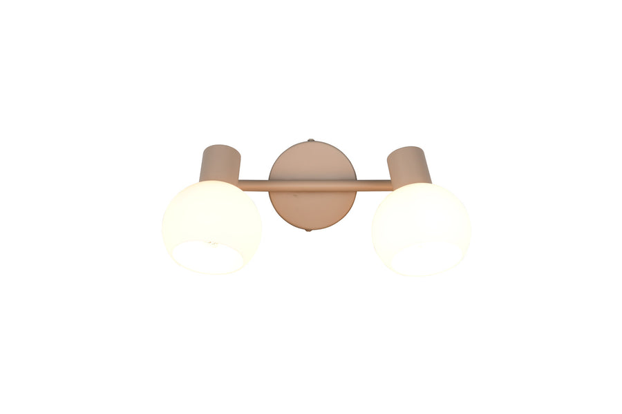 Vue de face du luminaire beige, deux globes blancs allumés et base centrale ronde.