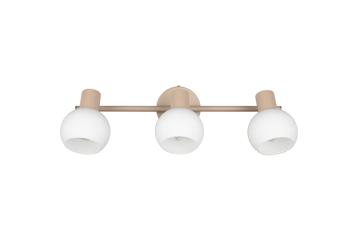 Vue frontale du plafonnier beige avec trois globes sphériques blancs