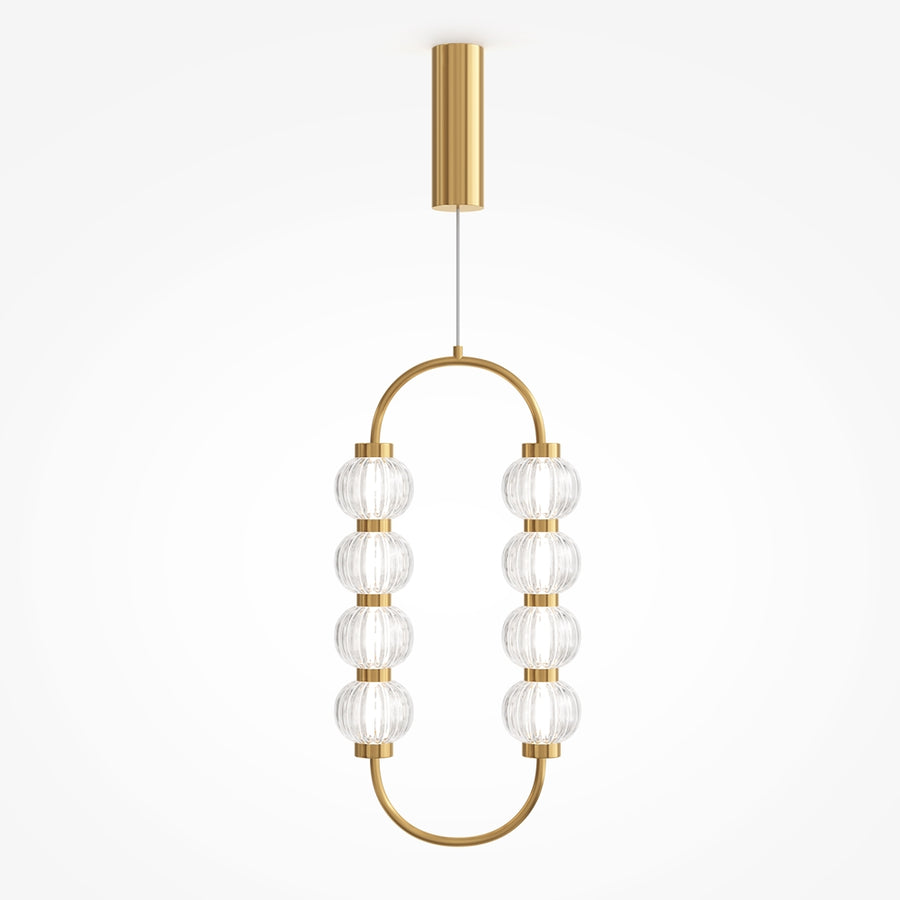 Suspension verticale à rosace cylindrique dorée et boucle de huit globes