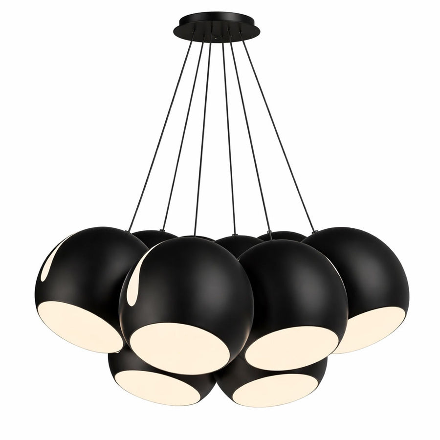 Photo produit sur fond blanc du luminaire noir, sept globes opaques et diffuseurs blancs