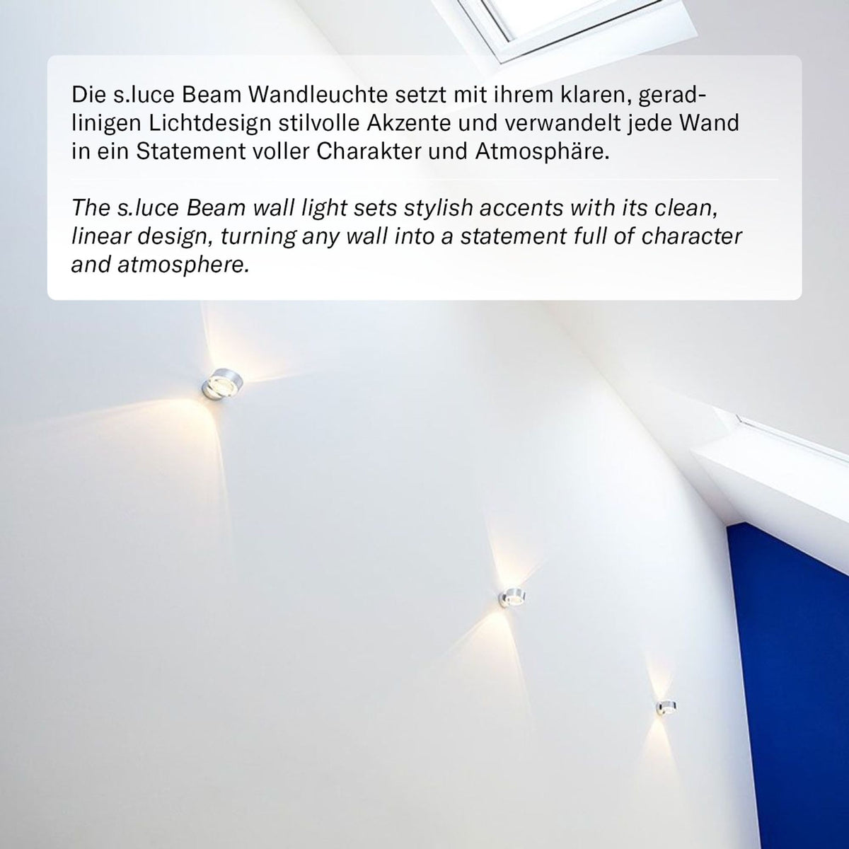Vue de face sur mur blanc avec texte décrivant le design linéaire clair
