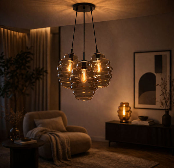 Suspension grappe Echos 3 lumières, verres Ø 25 cm