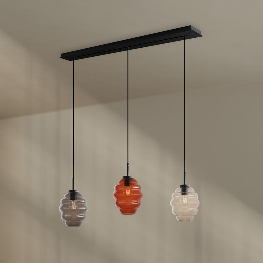 Suspension de table Echos 3 lumières, longueur 120 cm, verres Ø 18 cm