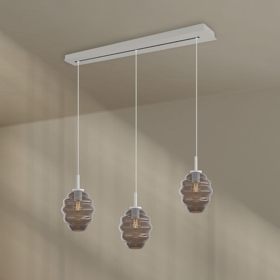 Suspension de table Echos 3 lumières, longueur 120 cm, verres Ø 18 cm