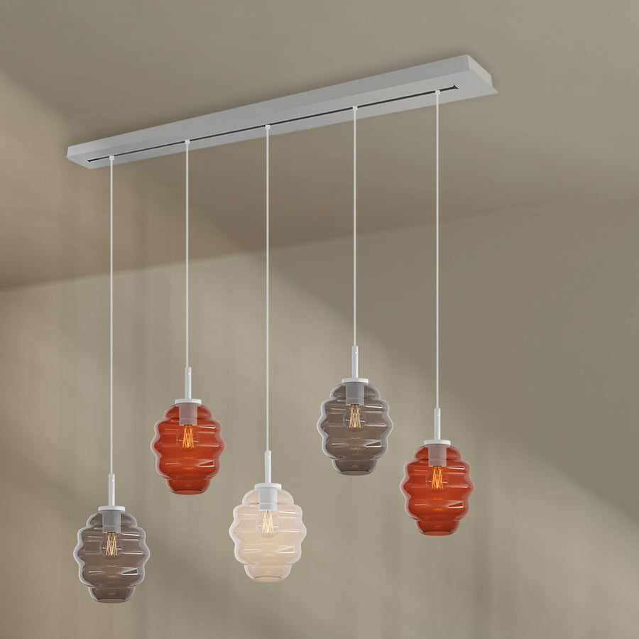 Suspension de table Echos 5 lumières, longueur 160 cm, verres Ø 18 cm