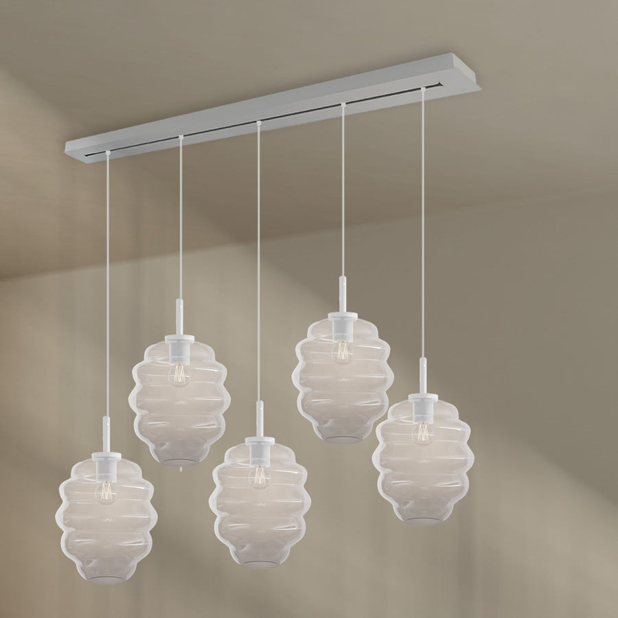 Suspension de table Echos 5 lumières, longueur 160 cm, verres Ø 25 cm