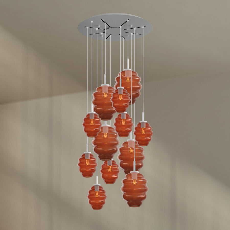 Suspension grande hauteur Echos 12 lumières, rosace Ø 80 cm, verres Ø 18 et 25 cm