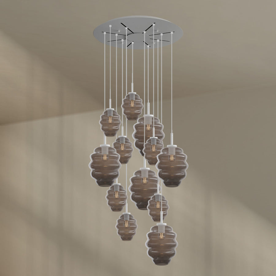 Suspension grande hauteur Echos 12 lumières, rosace Ø 80 cm, verres Ø 18 et 25 cm
