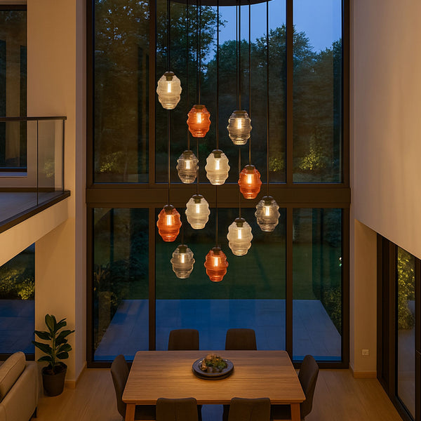 Suspension grande hauteur Echos 12 lumières, rosace Ø 80 cm, verres Ø 18 cm
