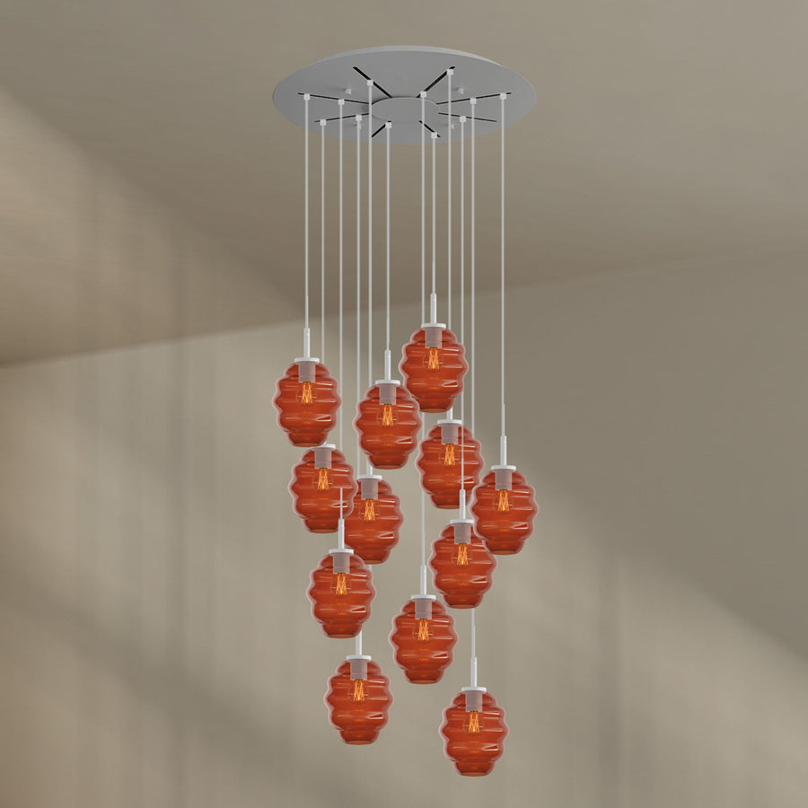 Suspension grande hauteur Echos 12 lumières, rosace Ø 80 cm, verres Ø 18 cm