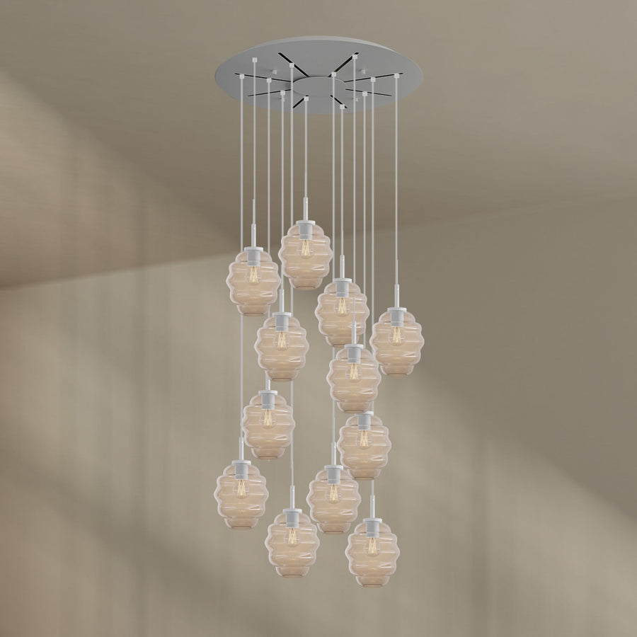 Suspension grande hauteur Echos 12 lumières, rosace Ø 80 cm, verres Ø 18 cm