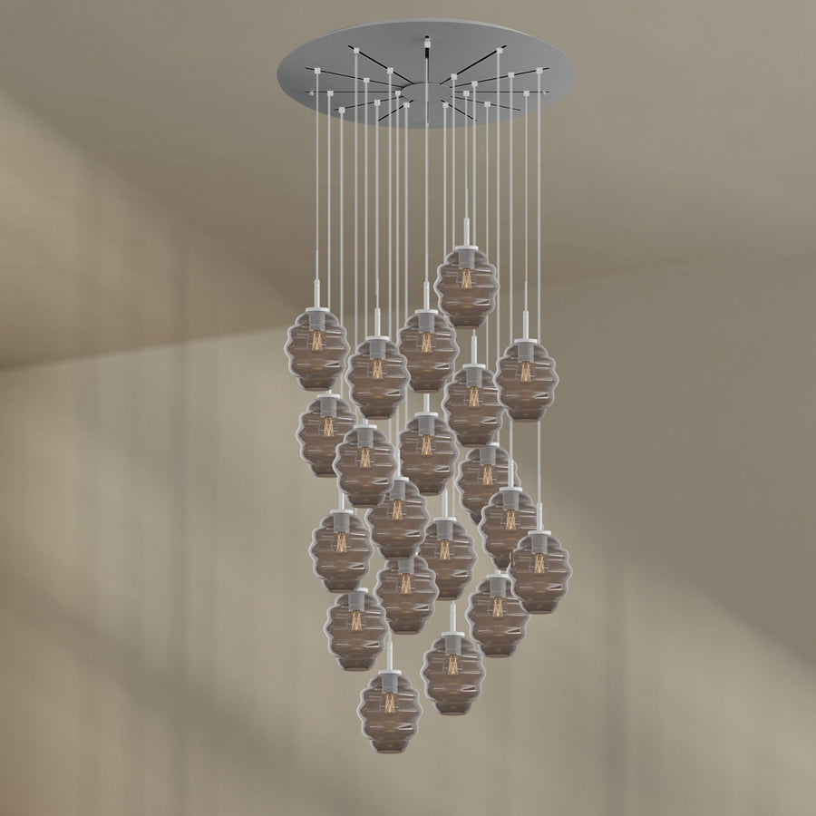Suspension grande hauteur Echos 20 lumières, rosace Ø 120 cm, verres Ø 18 cm