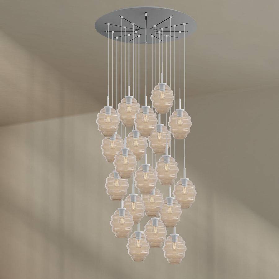 Suspension grande hauteur Echos 20 lumières, rosace Ø 120 cm, verres Ø 18 cm