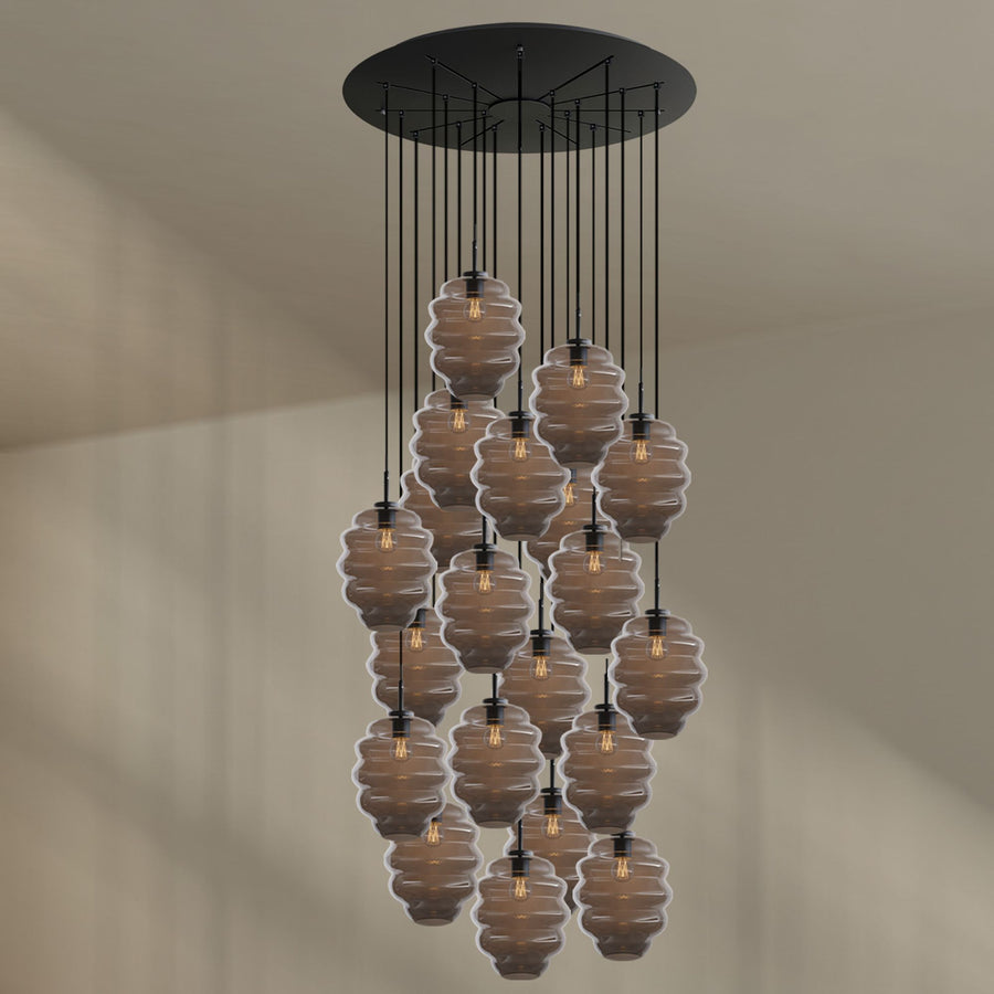 Version verre fumé gris, suspension complète photographiée de face sur fond neutre.